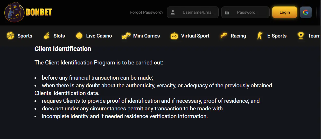 Current Donbet verification or KYC upload screen if accessible