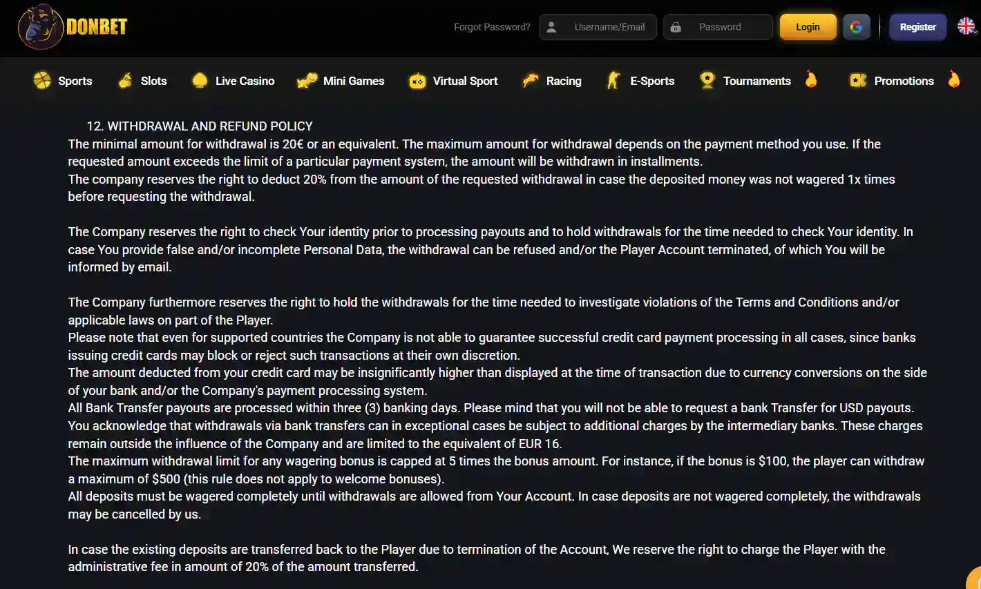 Current Donbet withdrawal or cashier screen