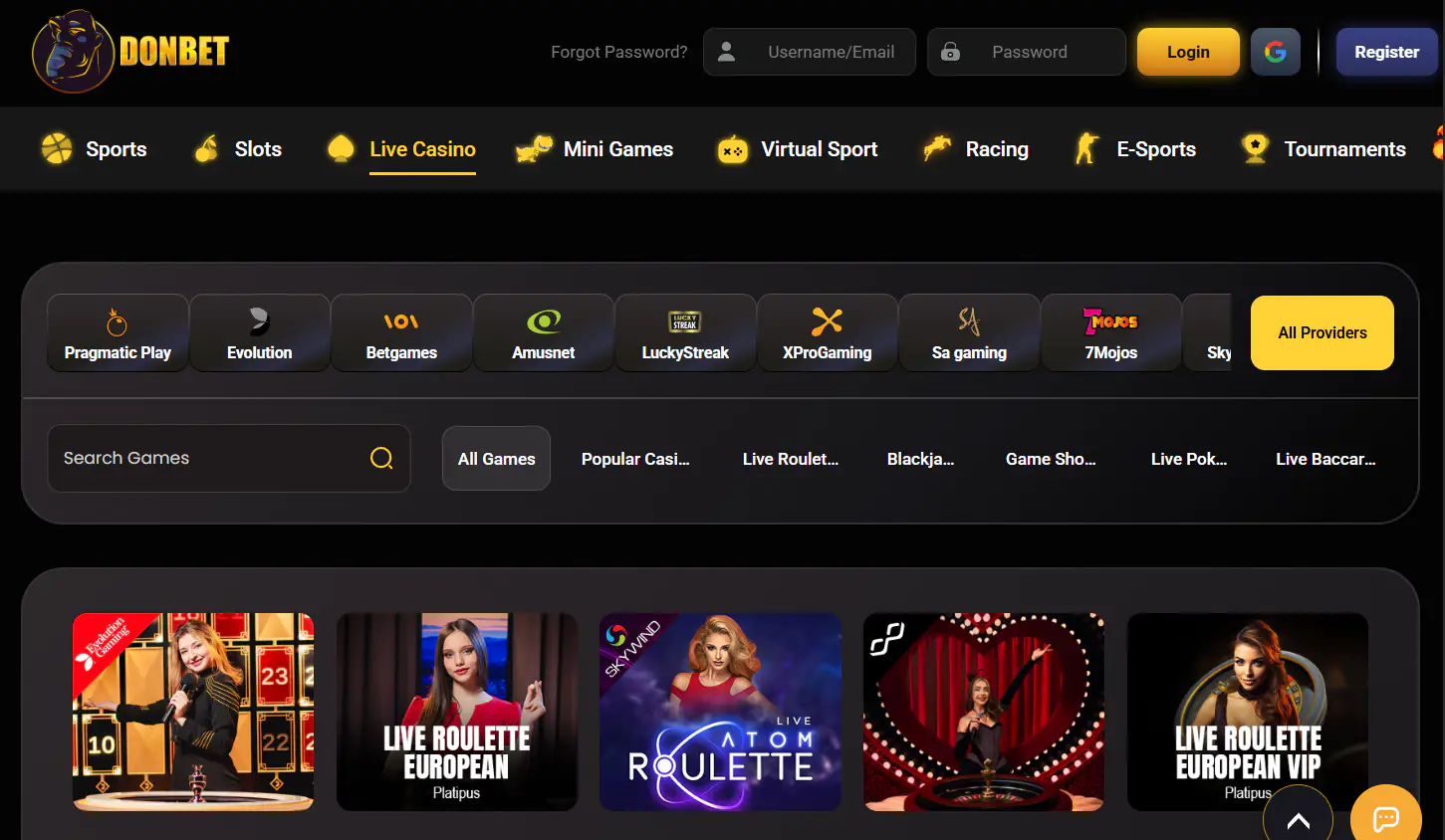 Current Donbet live-casino lobby