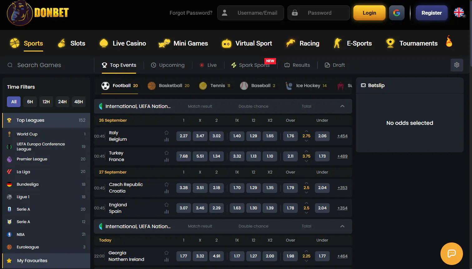 Current Donbet sportsbook interface