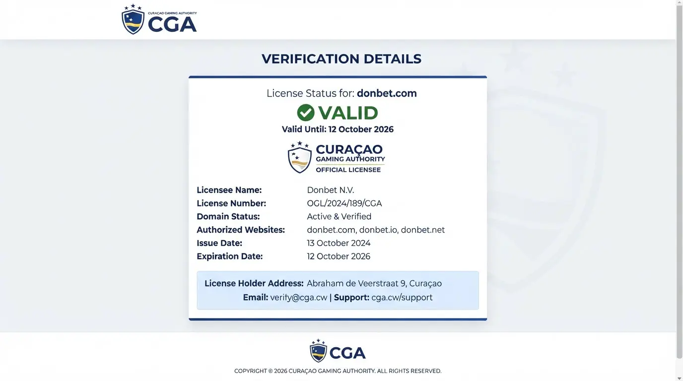 Curaçao Gaming Authority certificate entry for donbet.com